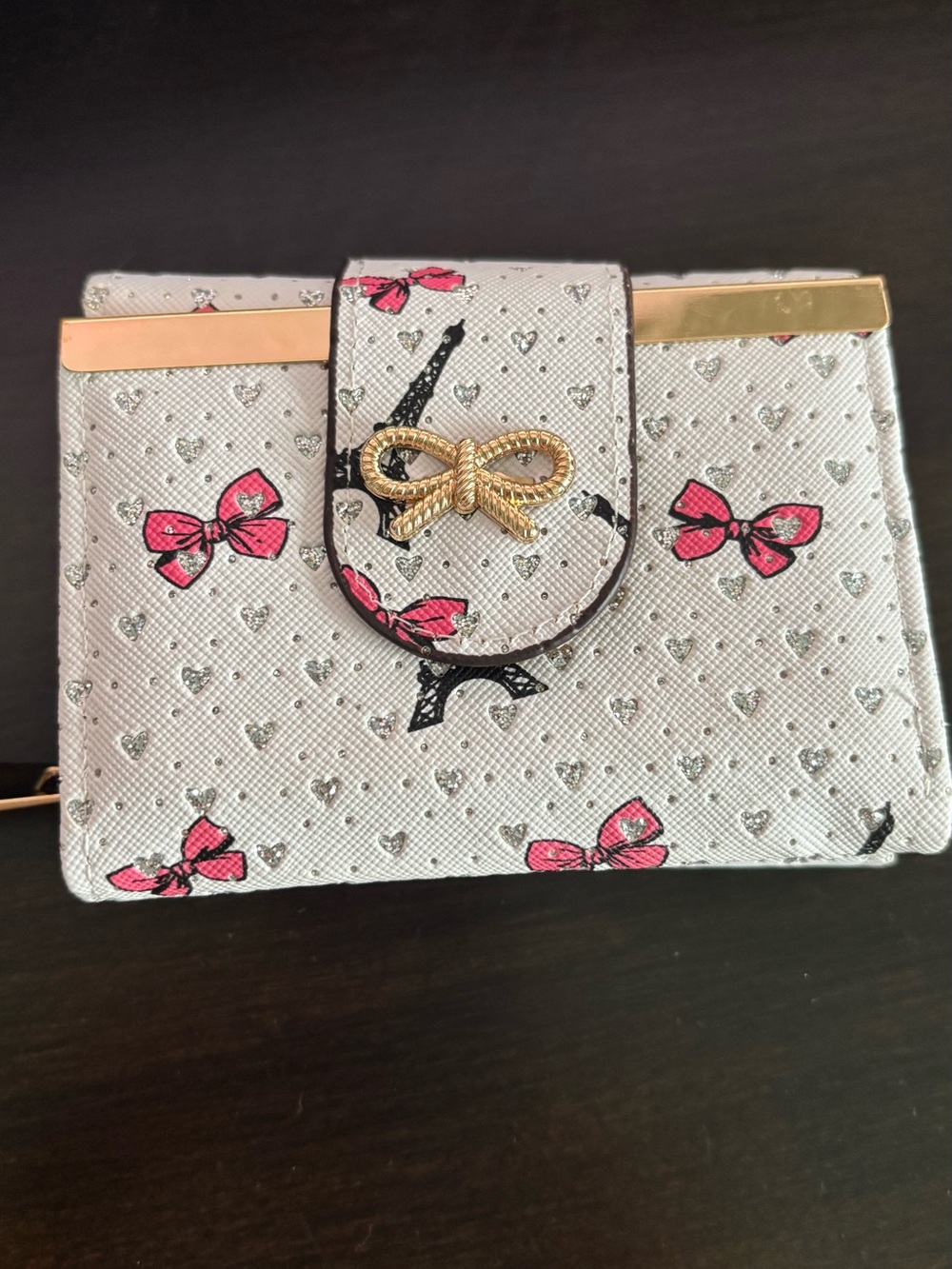 White Bow Print Wallet with Gold Bow Accent
